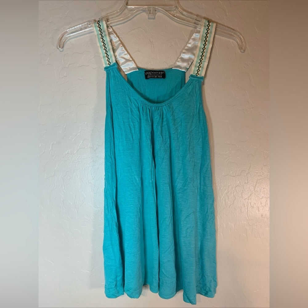 Stitch Fix Papermoon Tank With Ribbon Straps L Blue Boho Festival 0926